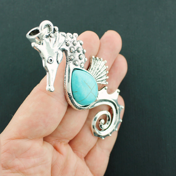 Seahorse Antique Silver Tone Charms With Imitation Turquoise - SC7863