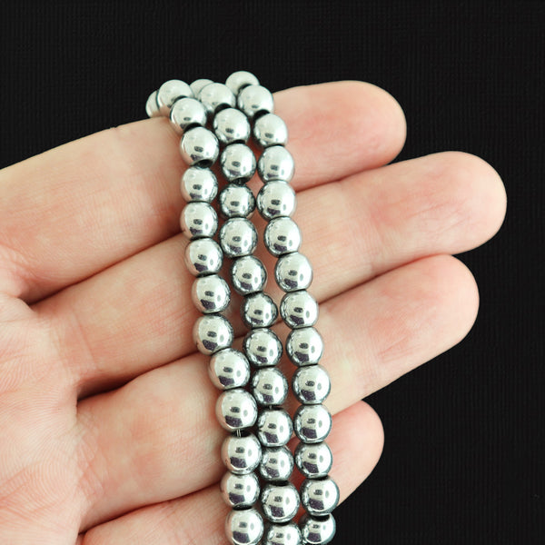 Round Synthetic Hematite Beads 6mm - Platinum Silver - 1 Strand 65 Beads - BD1758