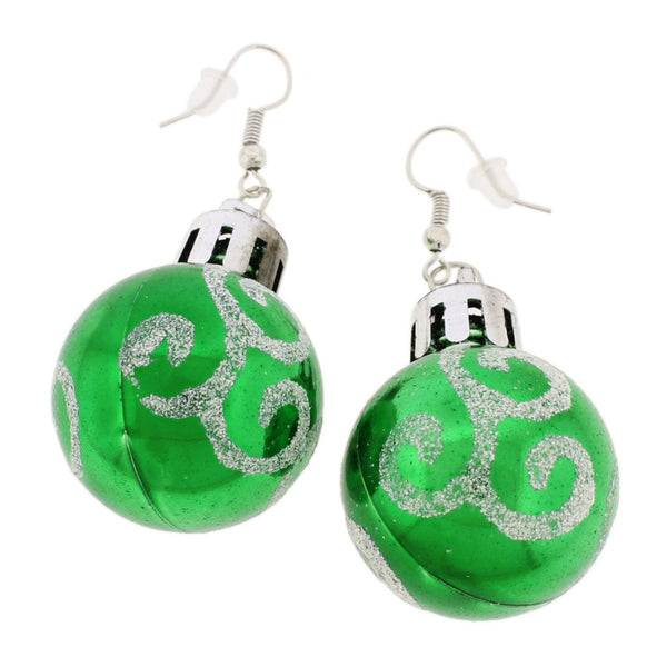 Silver Tone French Earrings - Green Christmas Bulbs - 60mm x 30mm - 2 Pieces 1 Pair - ER517