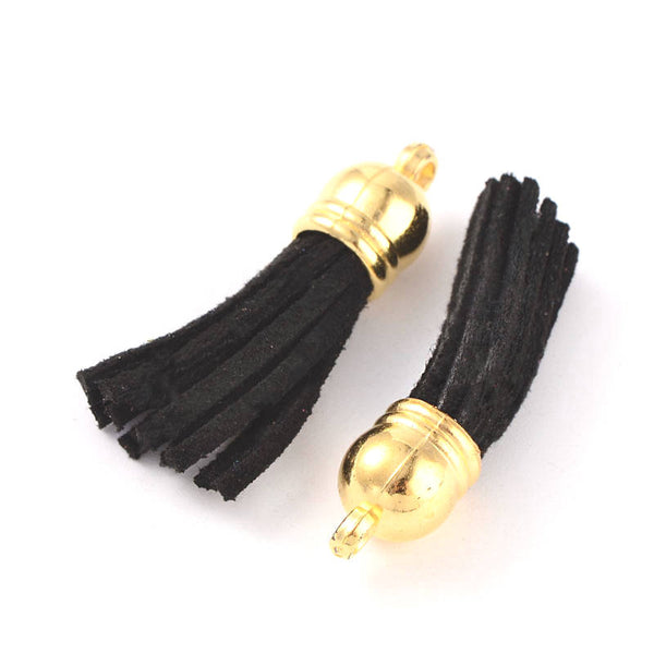 Suede Tassels - Black  and Gold Tone - 4 Pieces - Z166