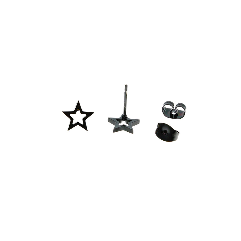 Gunmetal Black Stainless Steel Earrings - Open Star Studs - 8mm x 8mm - 2 Pieces 1 Pair - ER078