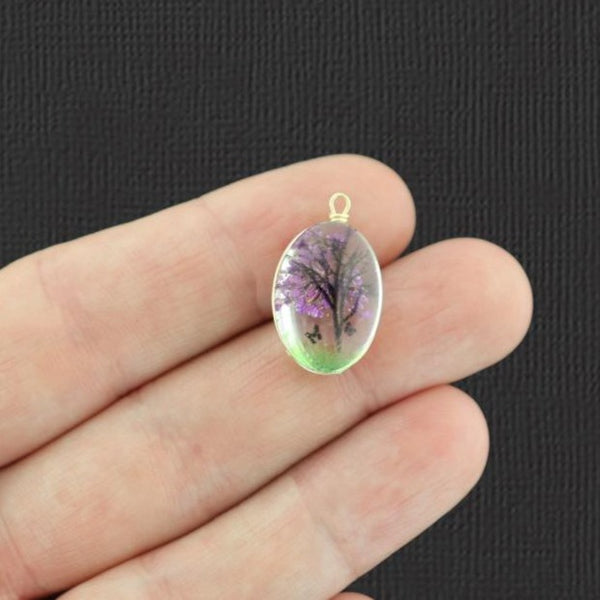 2 Purple Tree of Life Pressed Flower Glass Pendants - Z1444