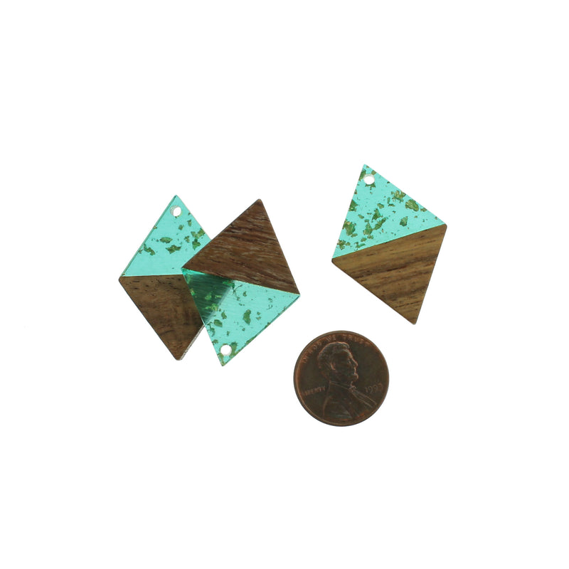 2 Rhombus Natural Wood and Turquoise and Gold Resin Charms 34mm - WP225