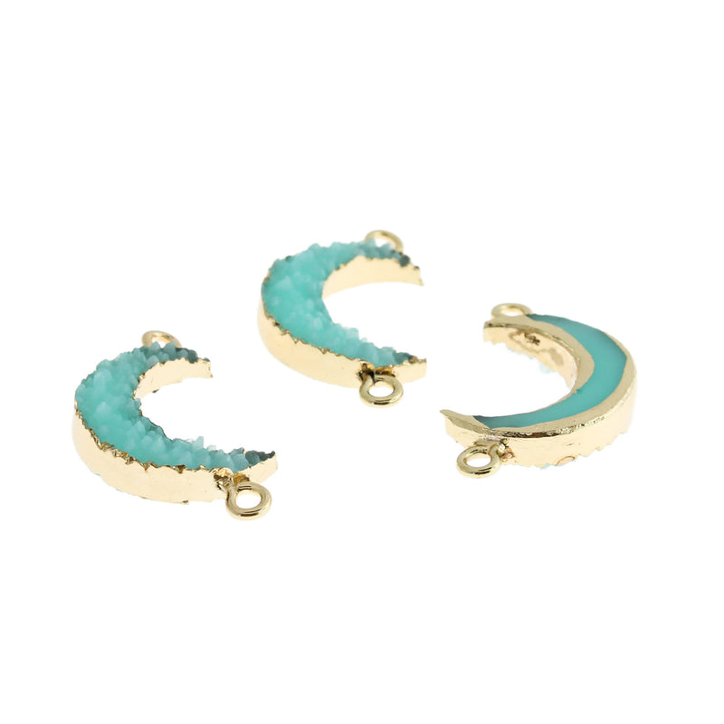 2 Turquoise Crescent Moon Connector Druzy Gold Tone Resin Charms - K482