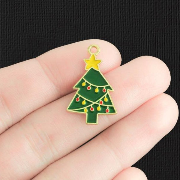 4 Christmas Tree Gold Tone Enamel Charms - E703