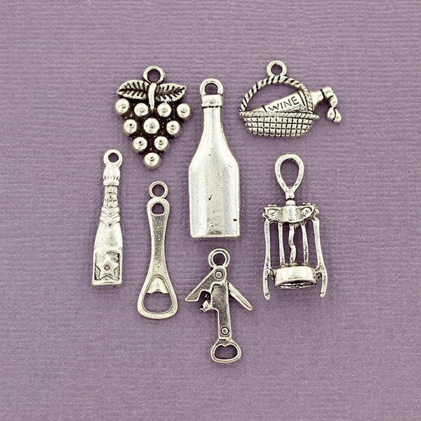 Wine Charm Collection Antique Silver Tone 7 Different Charms - COL109H