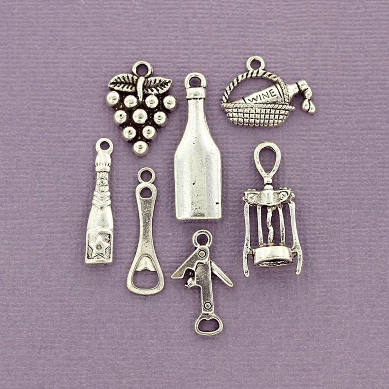 Wine Charm Collection Antique Silver Tone 7 Different Charms - COL109H