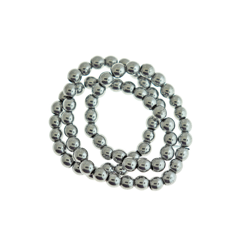 Round Synthetic Hematite Beads 6mm - Platinum Silver - 1 Strand 65 Beads - BD1758