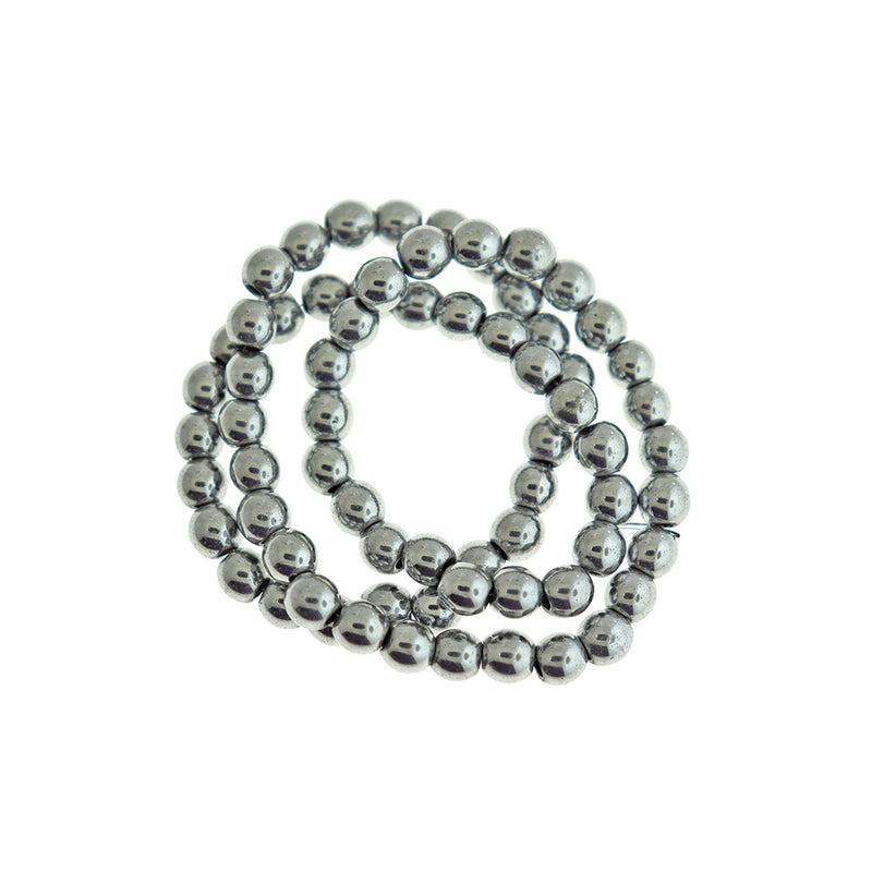 Perles Rondes en Hématite Synthétique 6mm - Argent Platine - 1 Rang 65 Perles - BD1758