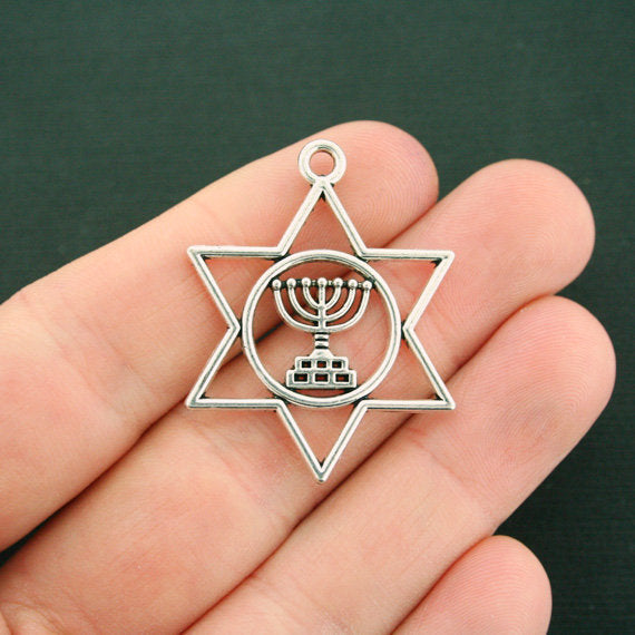 4 Star of David Antique Silver Tone Charms - SC7566