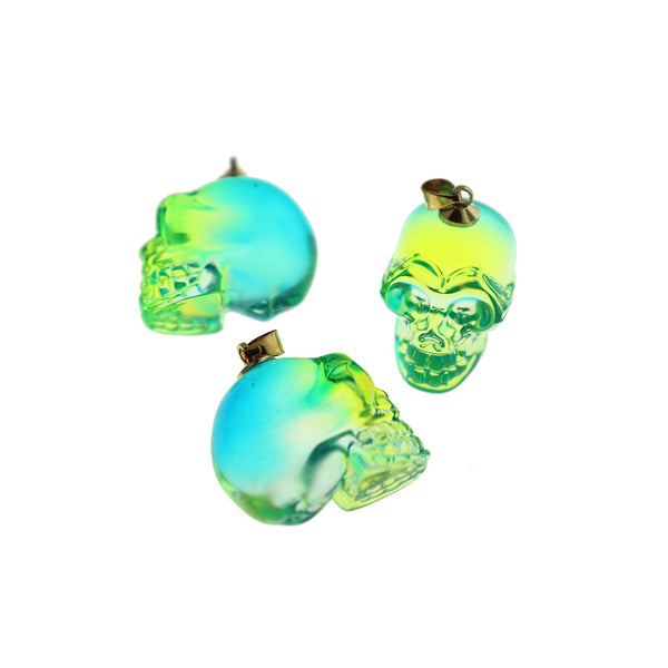 Green Electroplated Skull Glass Pendant Gold Tone Charm 3D - Z138