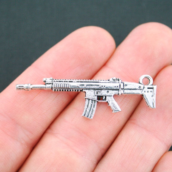 6 Machine Gun Antique Silver Tone Charms 2 Sided - SC4724