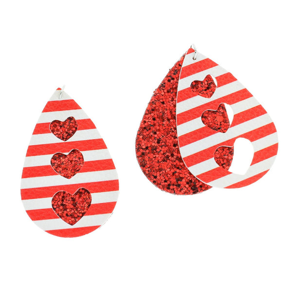 Pendentifs en similicuir - Coeur rayé pailleté rouge pailleté - 1 paire 2 pièces - LP168