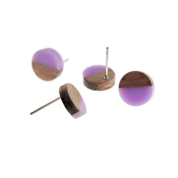 Wood Stainless Steel Earrings - Purple Resin Round Studs - 10mm - 2 Pieces 1 Pair - ER783