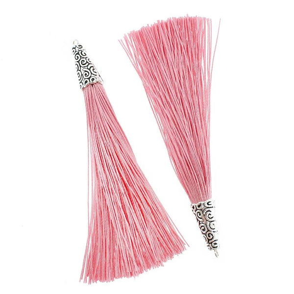 Polyester Tassel with Cap - Rose Pink and Silver Tone - 4 Pieces - TSP015