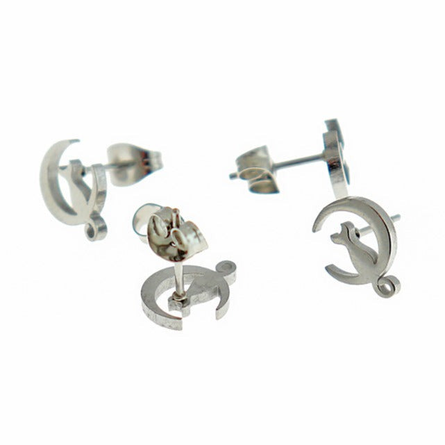 Stainless Steel Earrings - Crescent Moon Cat Studs - 11mm x 8mm - 1 Pair - Choose Your Tone!