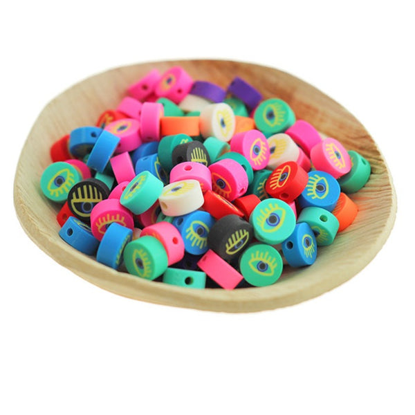 Flat Round Polymer Clay Beads 9mm x 4mm - Assorted Evil Eye - 50 Beads - BD127