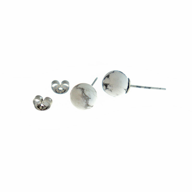 Silver Tone Brass Earrings - Imitation Howlite Gemstone Ball Studs - 8mm - 2 Pieces 1 Pair - ER573