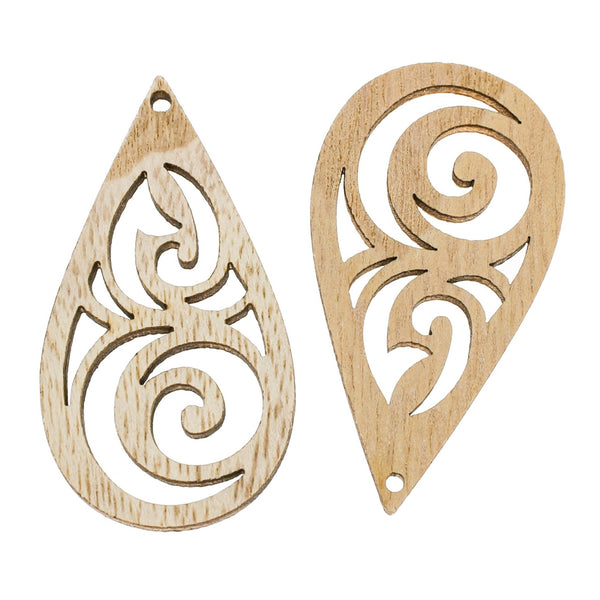 5 breloques en bois naturel en filigrane en forme de larme - WP440