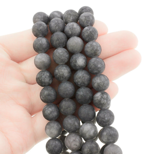 Round Natural Jade Beads 10mm - Frosted Charcoal Grey - 1 Strand 38 Beads - BD304