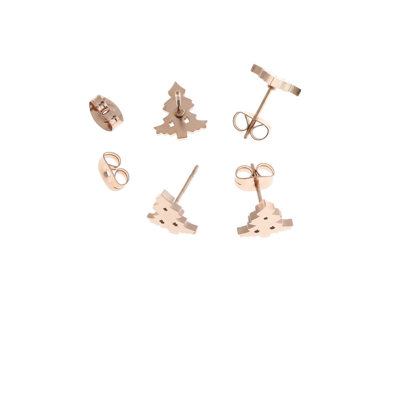 Boucles d'oreilles en acier inoxydable or rose - Clous d'arbre de Noël - 10 mm x 9 mm - 2 pièces 1 paire - ER353