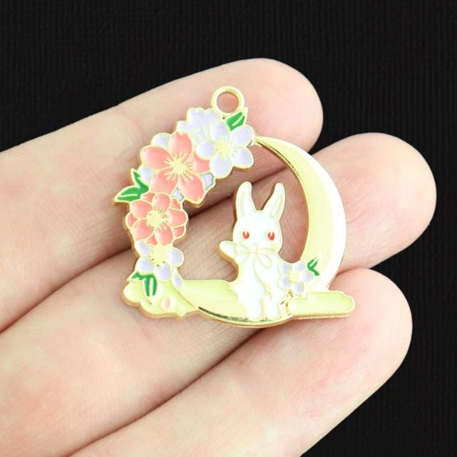 4 Crescent Moon Rabbit Gold Tone Enamel Charms - E809