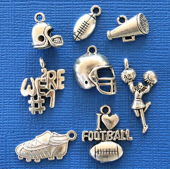 Football Charm Collection Antique Silver Tone 8 Different Charms - COL111