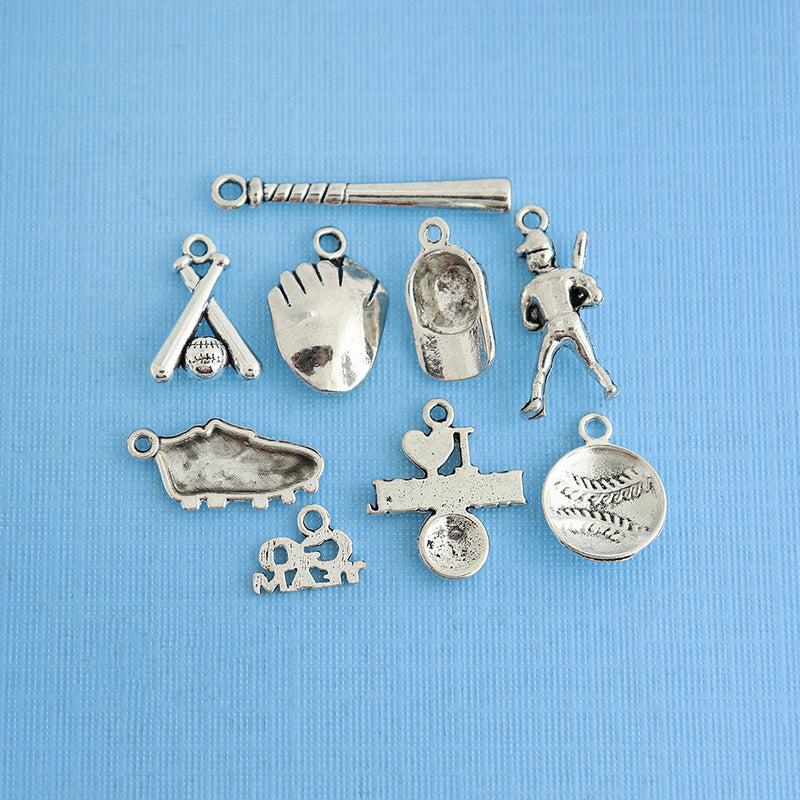 Baseball Charm Collection Antique Silver Tone 9 Different Charms - COL054
