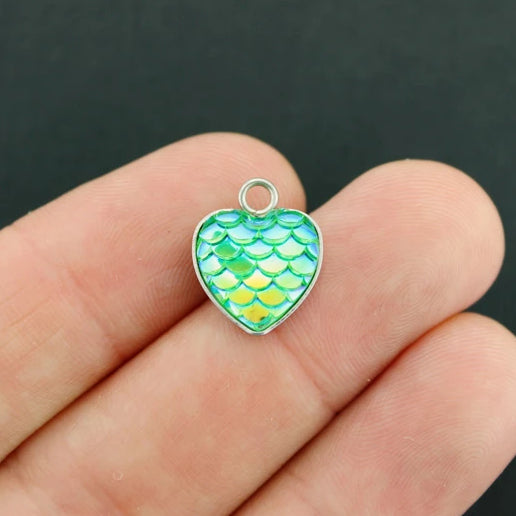 4 Heart Mermaid Scale Stainless Steel Cabochon Charms - FD650