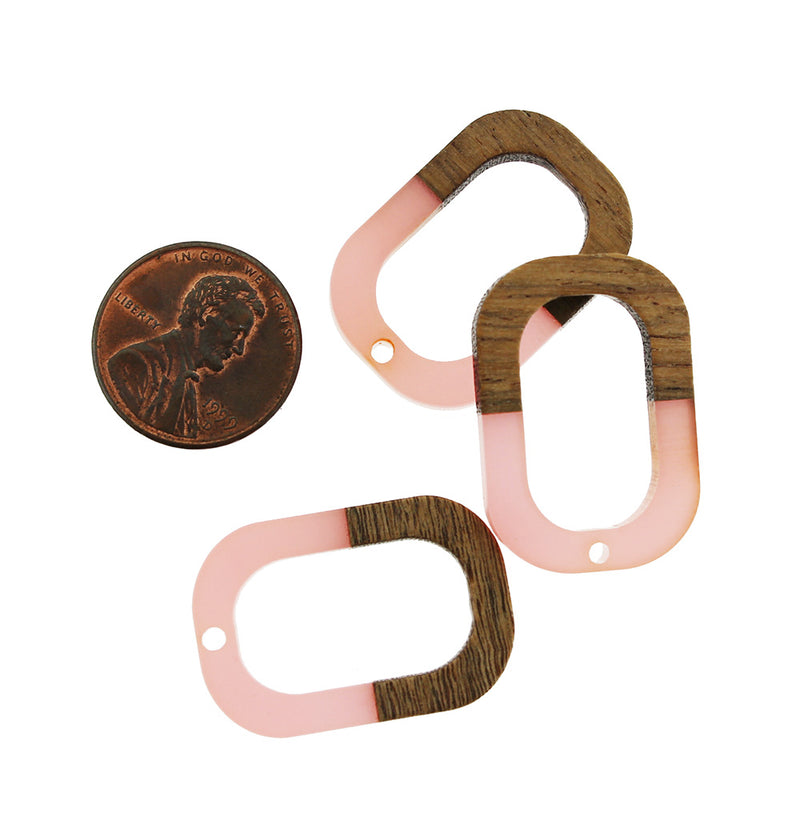 2 Oval Natural Wood and Pink Resin Charms 28mm - WP052