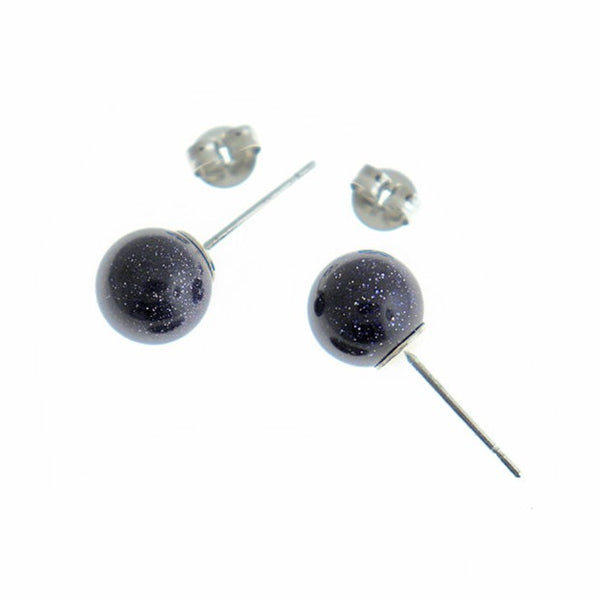 Boucles d'oreilles en laiton argenté - Imitation Blue Goldstone Gemstone Ball Studs - 8mm - 2 pièces 1 paire - ER570
