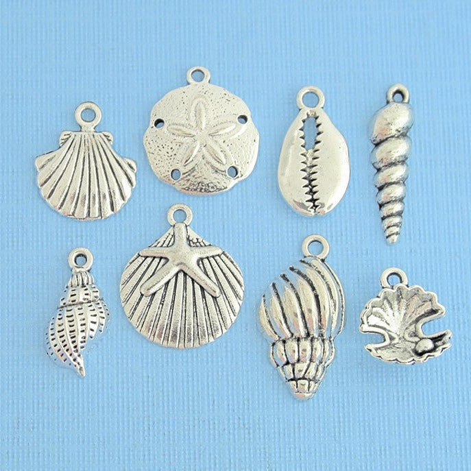 Seashell Charm Collection Antique Silver Tone 8 Different Charms - COL125