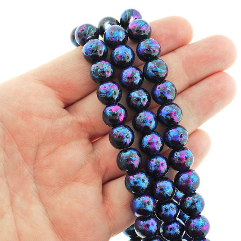 Round Glass Beads 10mm - Glitter Purple and Blue Drip Black - 1 Strand 82 Beads - BD2585