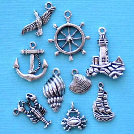 Atlantic Seashore Charm Collection Antique Silver Tone 9 Different Charms - COL214