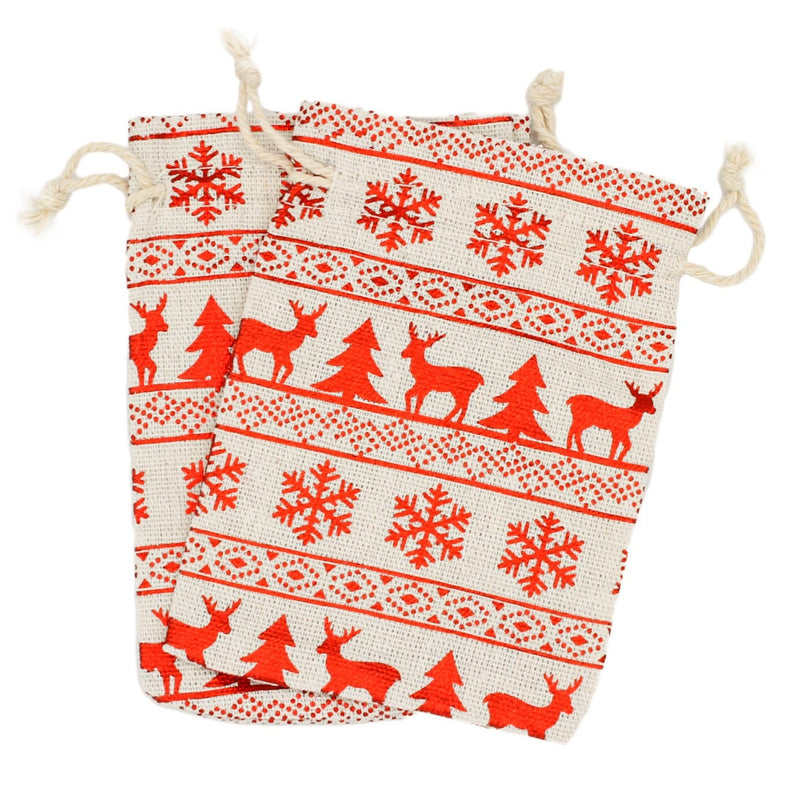 4 Red Reindeer Cotton Drawstring Bags 14cm x 10cm - TL189