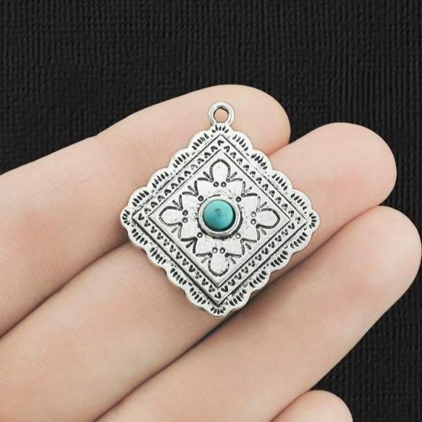 2 Rhombus Antique Silver Tone Charms With Imitation Turquoise - SC2696