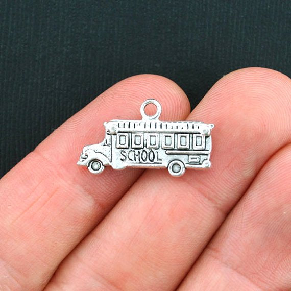 4 School Bus Antique Silver Tone Charms 2 Sided - SC3813