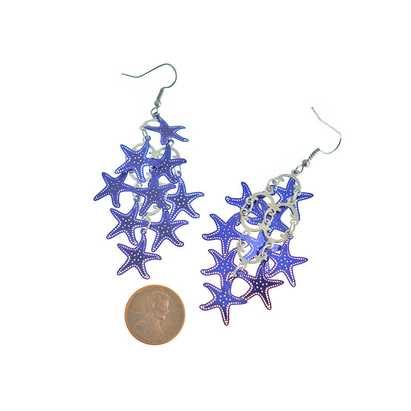 Boucles d'oreilles en acier inoxydable étoile de mer violette - Style crochet français - 2 pièces 1 paire - ER608