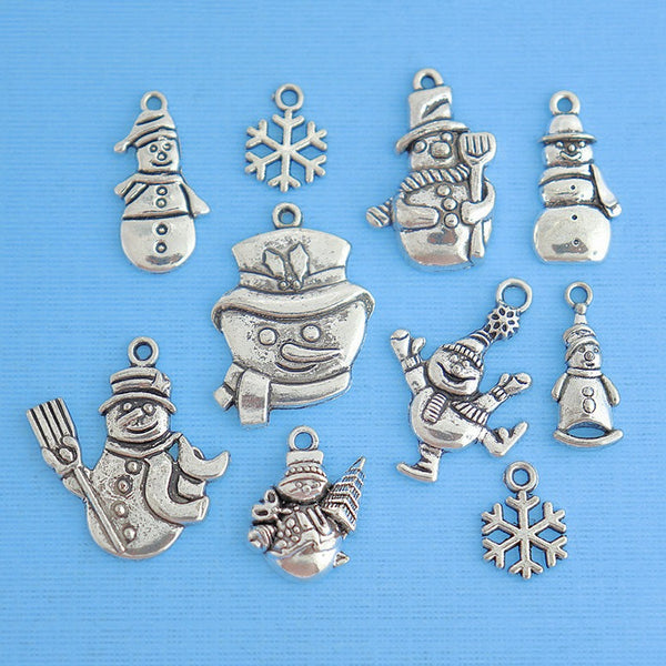 Collection de breloques bonhomme de neige ton argent antique 10 breloques - COL116