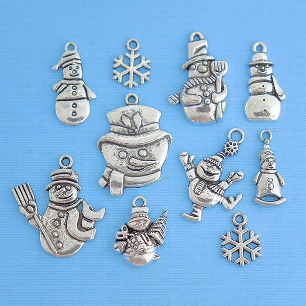 Snowman Charm Collection Antique Silver Tone 10 Charms - COL116