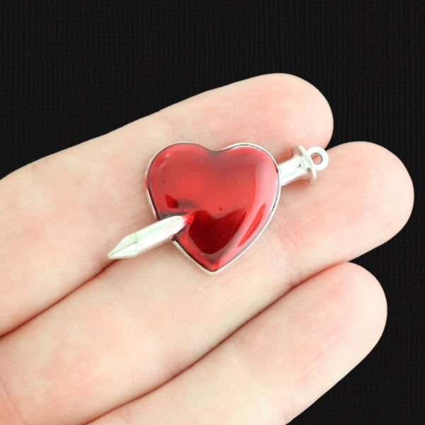 4 Red Heart With Knife Silver Tone Enamel Charms - E1578