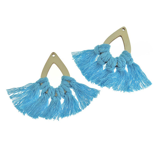 Fan Tassels - Natural Wood and Blue - 2 Pieces - TSP305