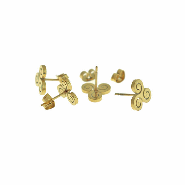 Boucles d'oreilles en acier inoxydable doré - Triskele Triple Spiral Studs - 10mm - 2 Pièces 1 Paire - ER891