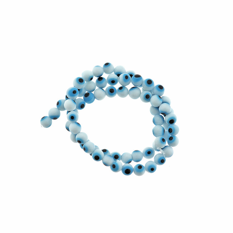 Round Glass Beads 6mm - Light Blue and White Evil Eye - 1 Strand 64 Beads - BD2339