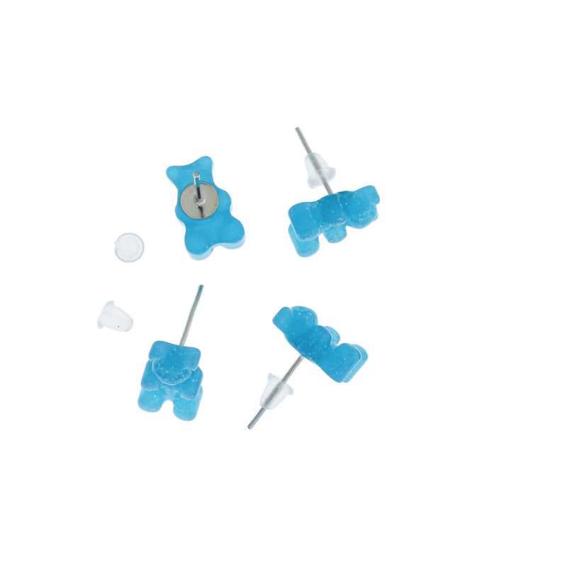 Resin Earrings - Blue Candy Bear Studs - 12mm x 8mm - 2 Pieces 1 Pair - ER385