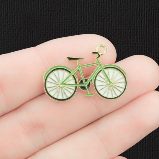 2 Green Bicycle Gold Tone Enamel Charms - E1357