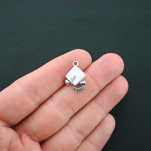 10 Graduation Antique Silver Tone Charms 2 faces - SC4587
