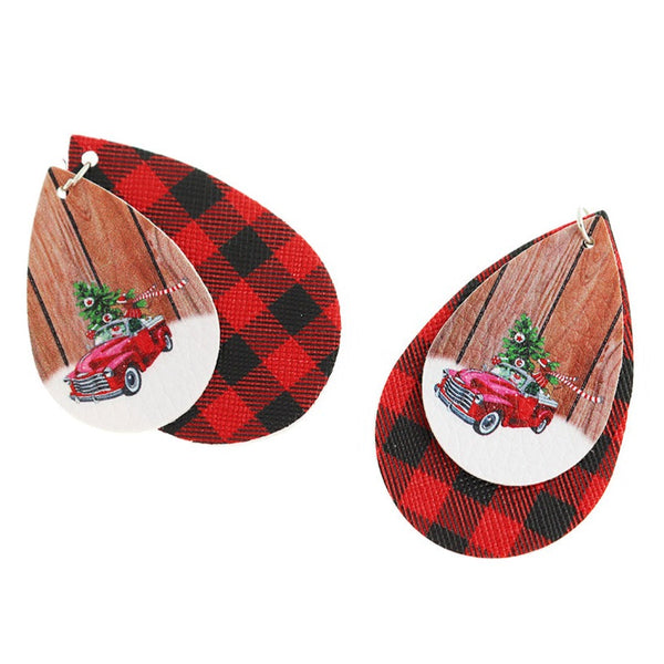 Imitation Leather Teardrop Pendants - Christmas Truck - 1 Pair 2 Pieces - LP270