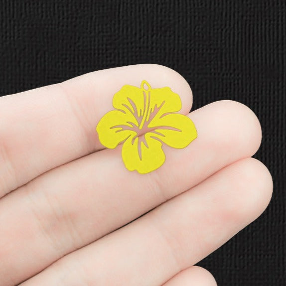 6 Filigree Tropical Flower Yellow Enamel Copper Charms 2 Sided - E1467