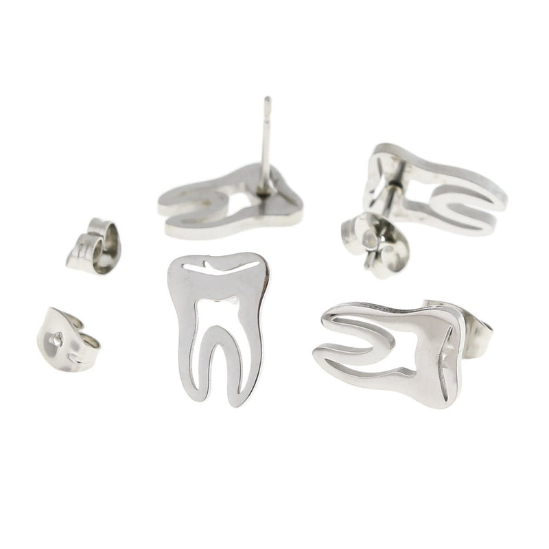 Stainless Steel Earrings - Tooth Studs - 13mm x 9mm - 1 Pair - Choose Your Tone!